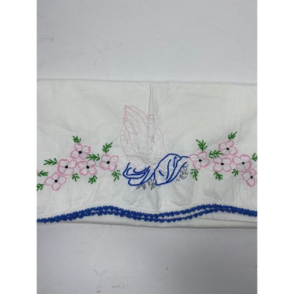 Vintage Embroidered Pillowcase Praying Hands Pink Flowers 20" X 29" Cotton - Picture 3 of 5